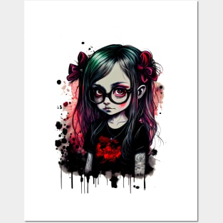 Cartoon little girl with glasses in gothic style at school T-Shirt Posters and Art